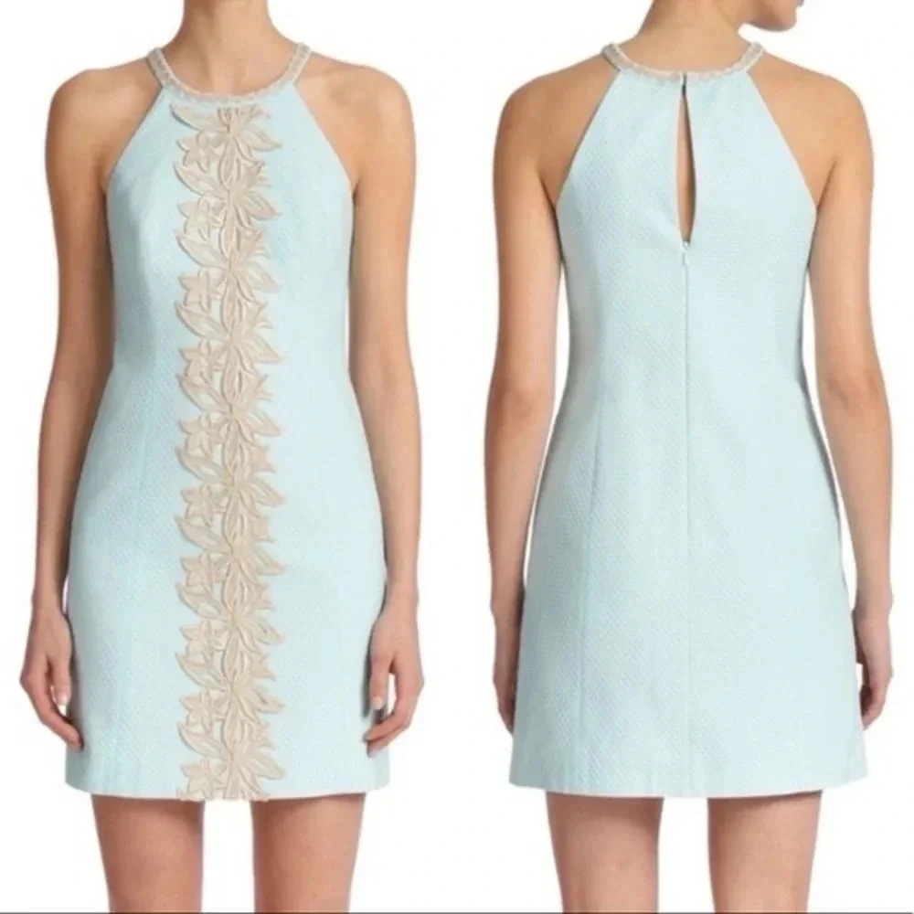 Lilly Pulitzer Pearl Shift Whispering Blue Gold Cocktail Dress Size 2